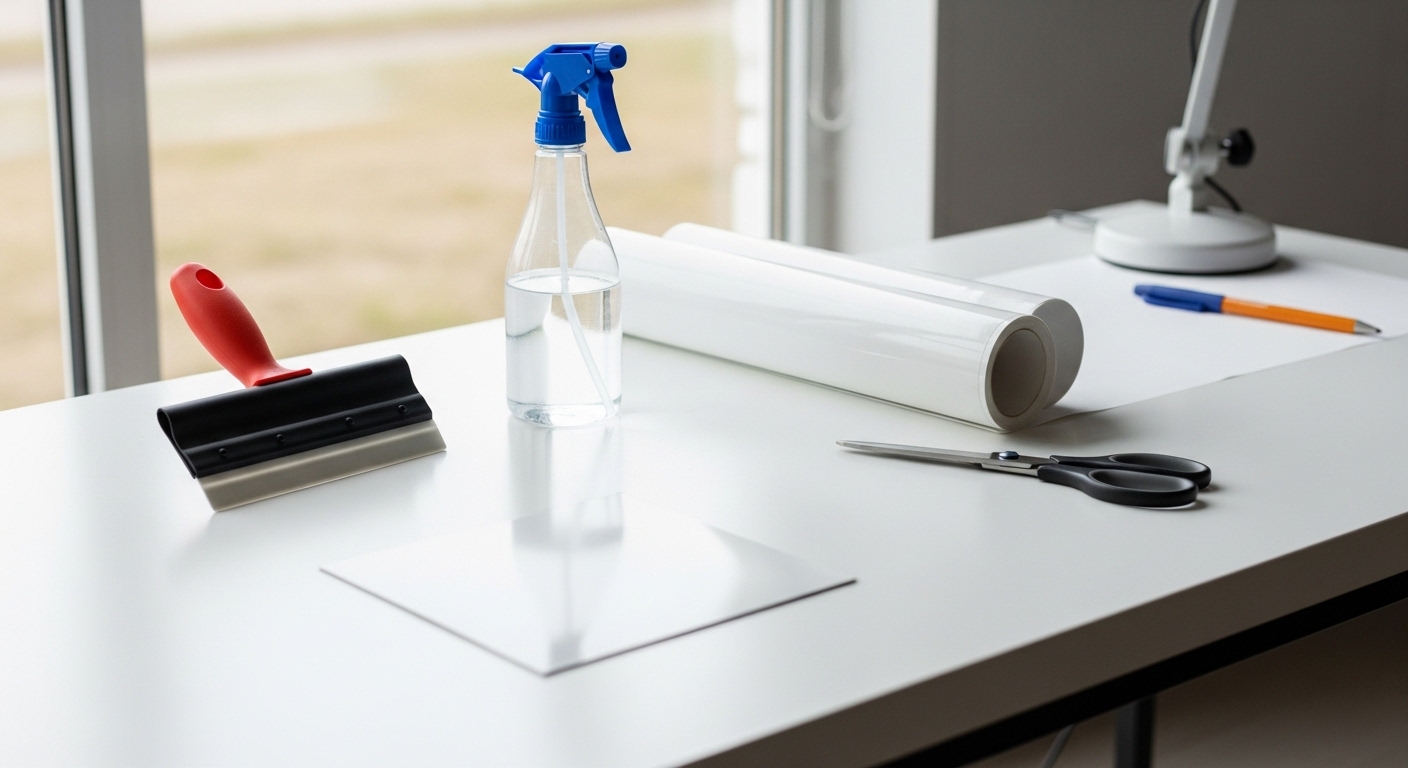 ステッカー施工ガイド：スキージーや工具が並んだ作業台