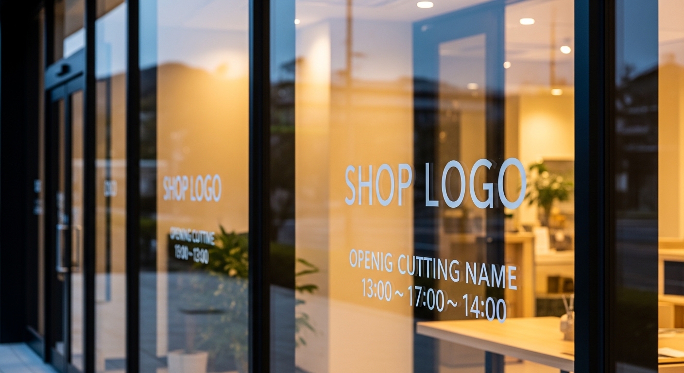 店舗ガラスに貼られたカッティングステッカーの施工例